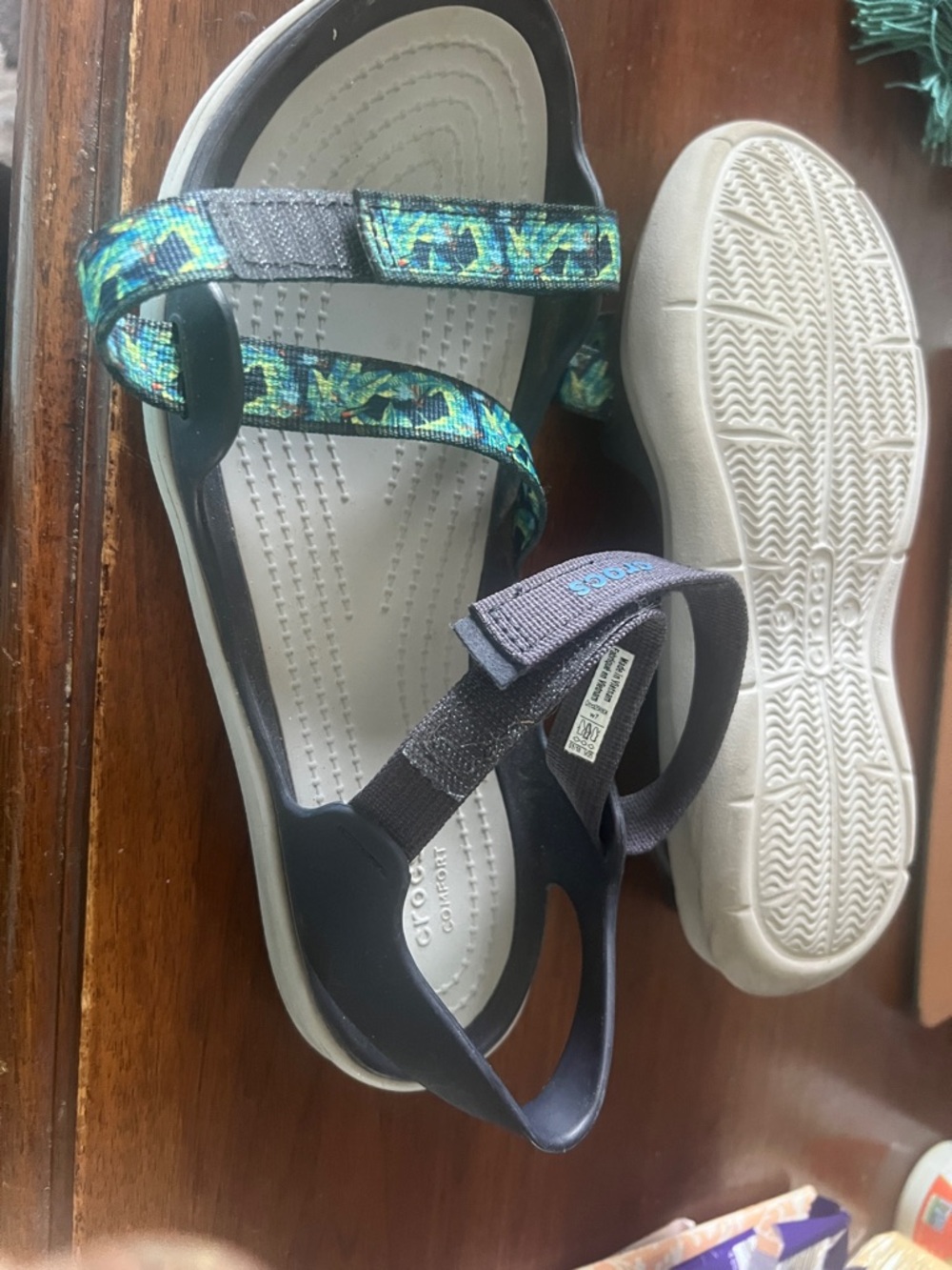 CROCS Kids Navy and Teal Patterned Strap Sport Sandals